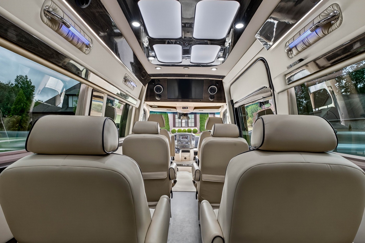 Black Van — wide cabin view with skylights