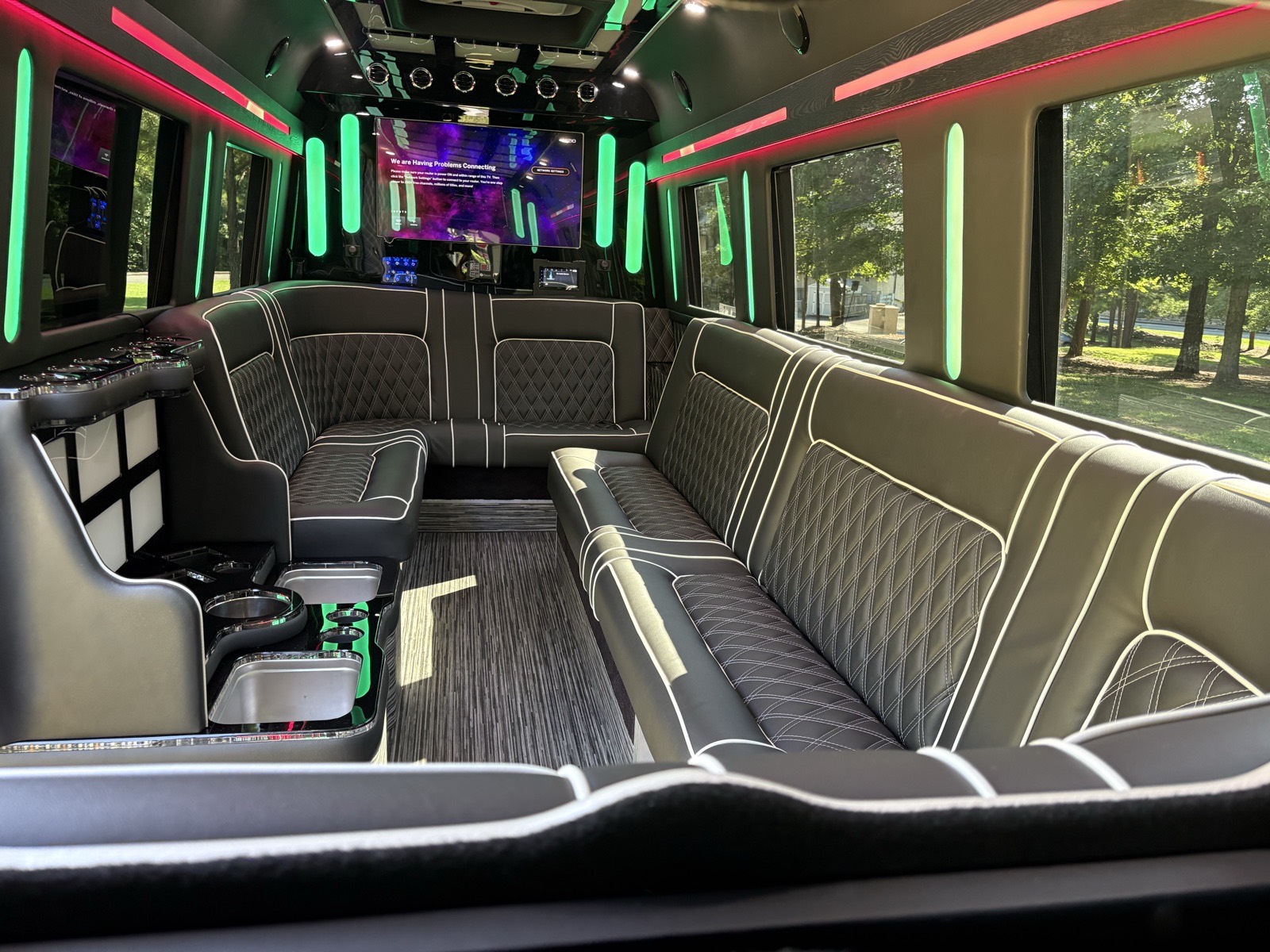 Vardar Elite — limo lounge with diamond-stitched wraparound seating